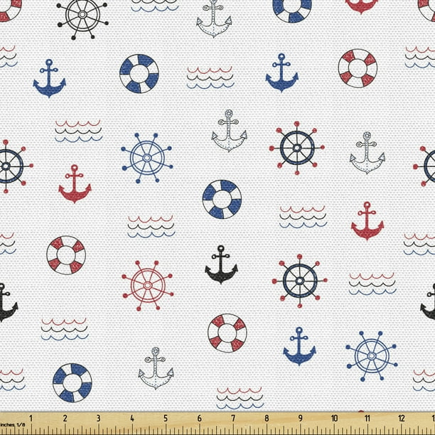 Nautical Fabric by the Yard Upholstery, Marine Elements Featured Life Anchor Compass Sea Waves