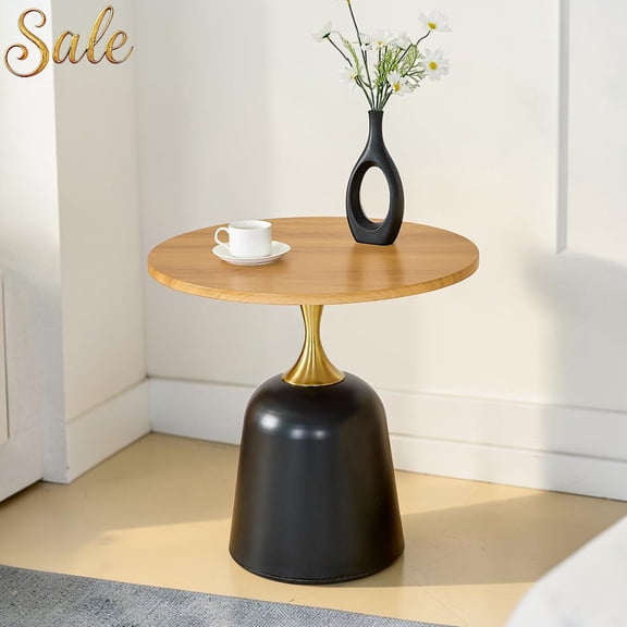 GZXS 23.6" Round Wood End Table, Modern Accent Table with Black Metal Pedestal Base, Easy Assembly, for Living Room, Office or Home Decor