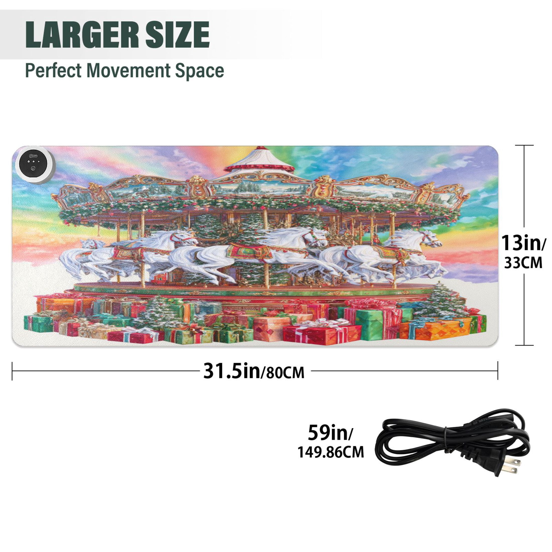Large Heated Desk Mat Mouse Pad 31.5"x13"PU Leather Graphene Heating Desk Warmer with 3 Temperature Settings 110V US Plug Non-Slip Warm Pad for Home, Office, and Gaming Christmas Spinning White Horse