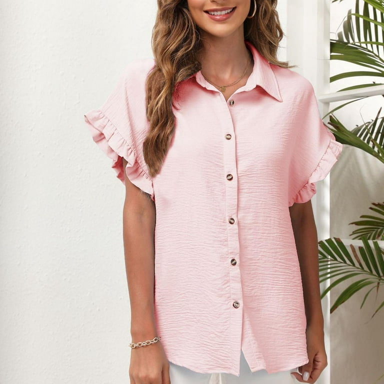 YYDGH Women Ruffle Short Sleeve Button Down Shirts V Neck Collared Casual  Office Blouse Tops Pink L