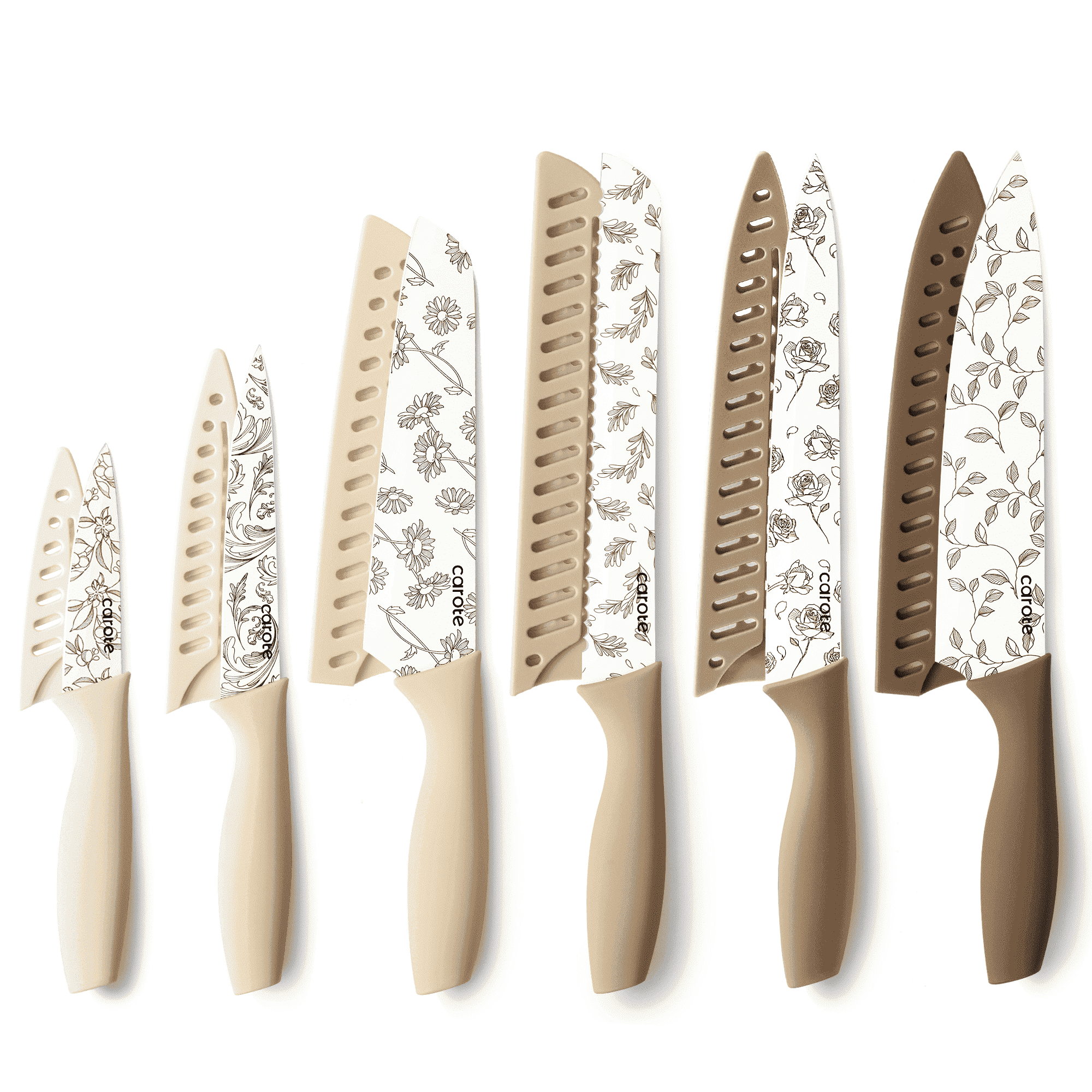 CAROTE 12-Piece Kitchen Knife Set, Stainless Steel Knife Set with Nonstick Creamic Coating, Floral