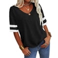 thumbnail image 3 of Stripe Sleeved Women Summer Casual V-neck T-shirt Loose Simple Tops, 3 of 5