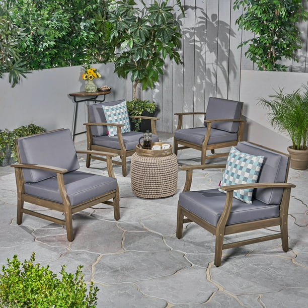Ximena Outdoor Acacia Wood Club Chairs, Kailee Outdoor Wooden Club Chairs With Cushions