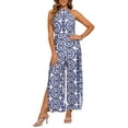thumbnail image 1 of Mono Casual Sin Mangas INSPIRE CHIC para Mujer con Patrón Boho, Cuello Halter, Abertura y Pantalones de Pierna Ancha M Azul, 1 of 6