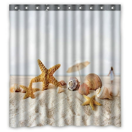 Sea Shower - GCKG Star Fish Sea Shell Beach Waterproof Polyester Shower Curtain and Hooks Size 66x72 inches