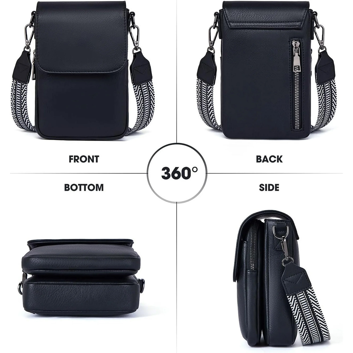 Lohol Small Crossbody Bags for Women Trendy,Leather Triple Compartment Cell Phone Crossbody Wallet Purses with Card Slots（black）