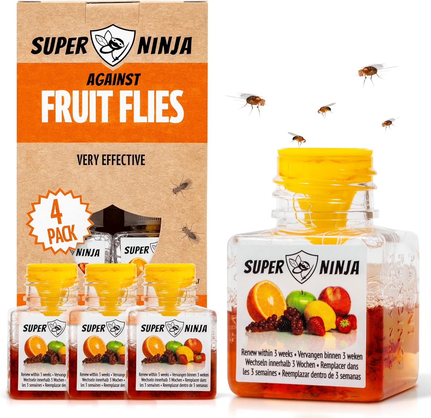 NINJA TRAPS ニンジャトラップス NINJA ACTION TEAM Super Ninja Fruit Fly Trap, 4 Traps, Indoor Ecological Fly Killer