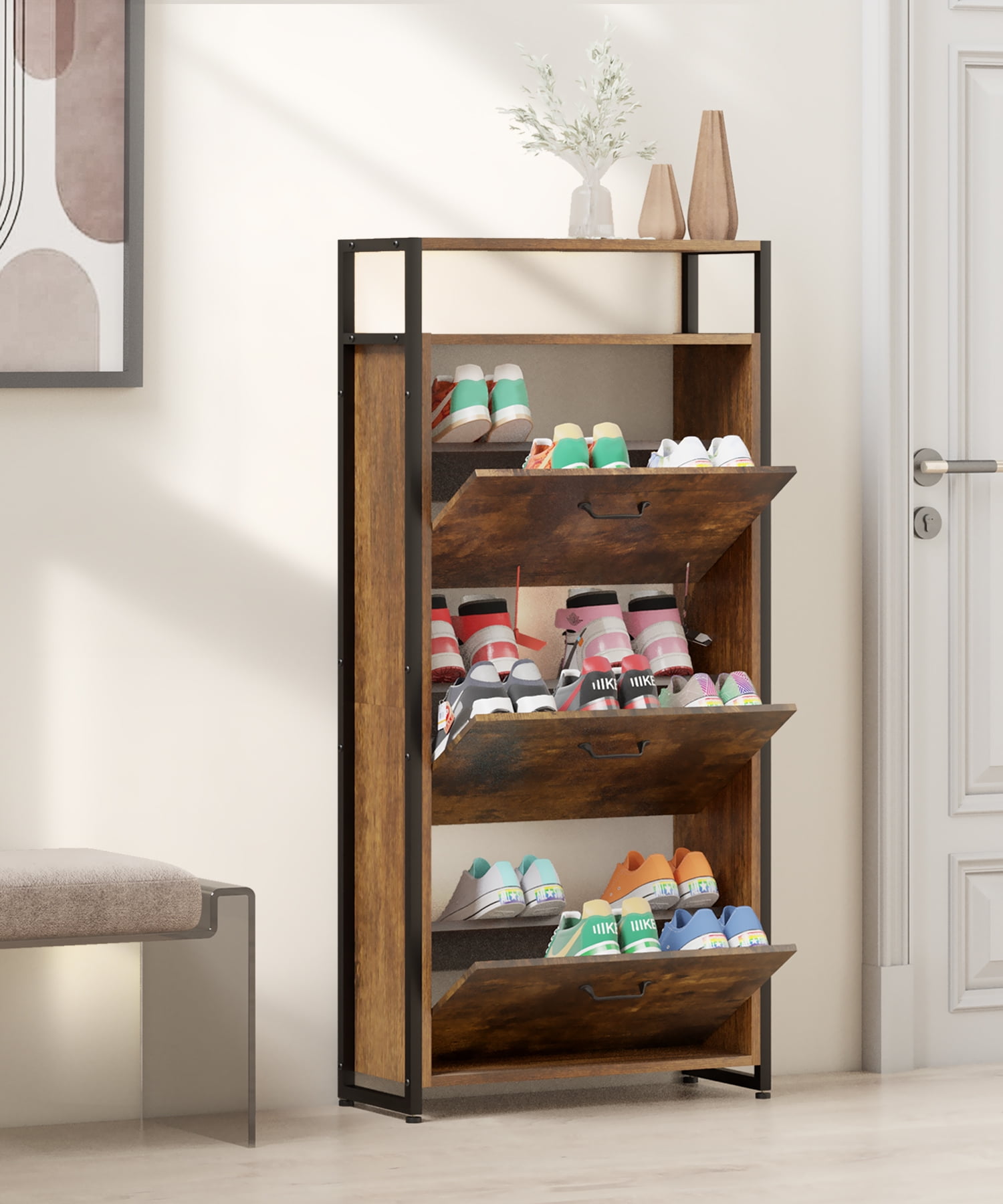 Wood Shoe Shelf Storage Organizer Hanging Bar Entryway Shoe Rack, Home Shelf  Storage Cabinet for Shoes, Books and Flowerpots Natural