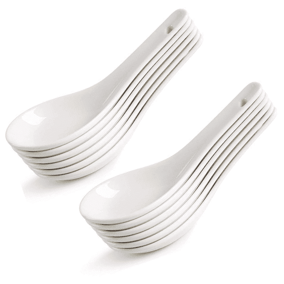 HAPPY KIT Asian Ceramic Soup Spoons with Bone China Handle, 12 Count