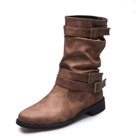

Women‘s Faux Leather Winter Boots Mid Calf Dressy Boots With Buckler Low Heel Wide Calf Short Booties Women‘s Shoes