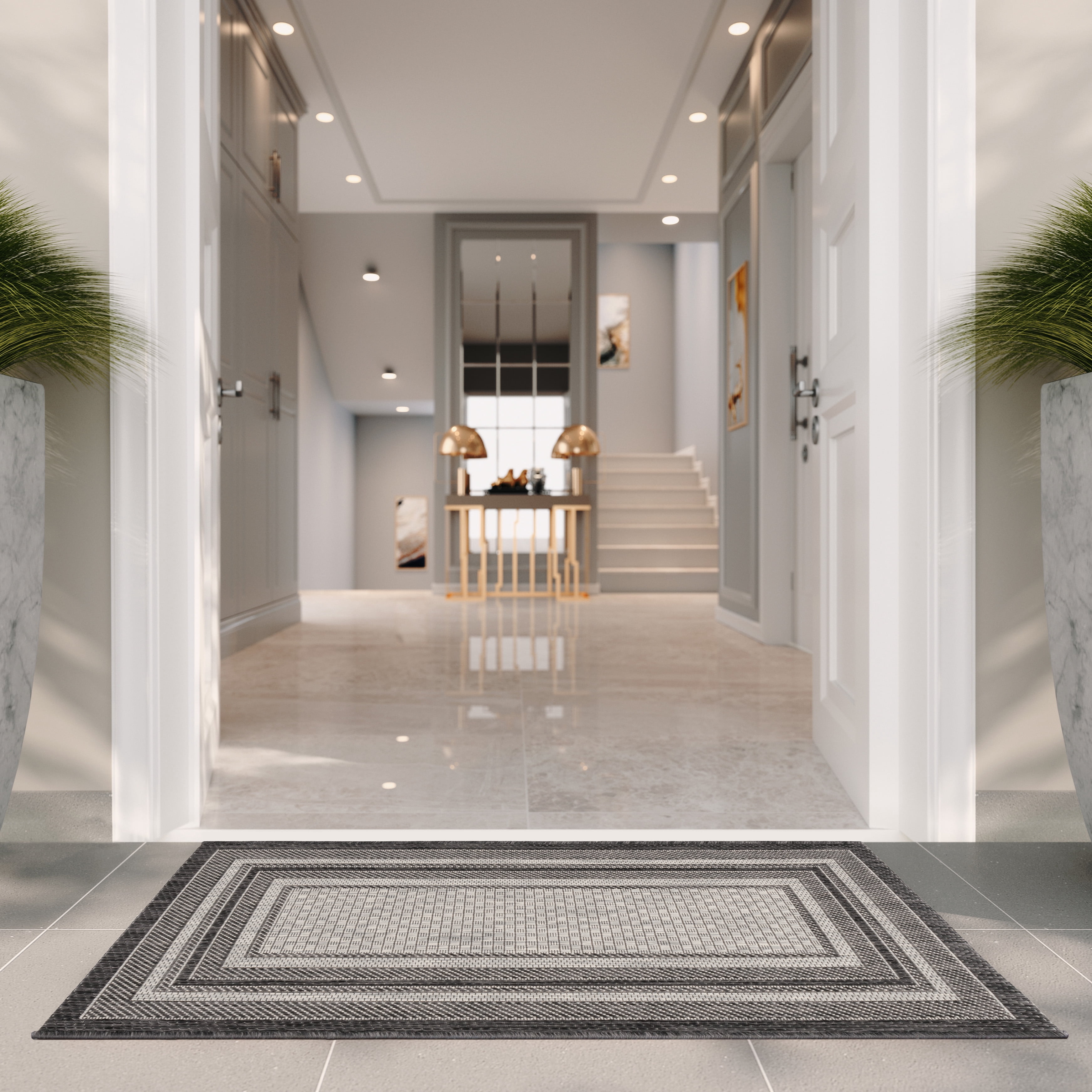 Safavieh Courtyard Ercan Bordered Indoor/Outdoor Area Rug, Light Gray/Black, 2'7" x 5'
