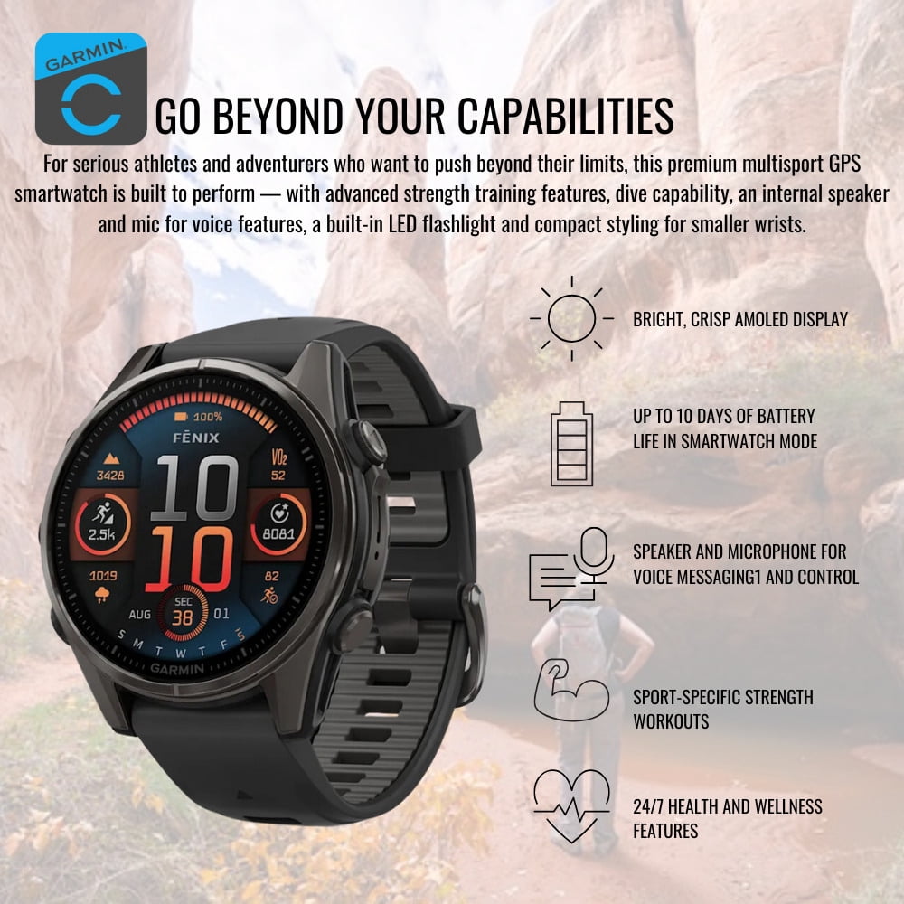 Garmin Fenix 8 43mm GPS Smartwatch (Carbon Gray DLC Titanium and Black-Pebble Gray) Bundle with Charger Stand and Cable, Screen Protector, and Charger Port Protector (4 Items)