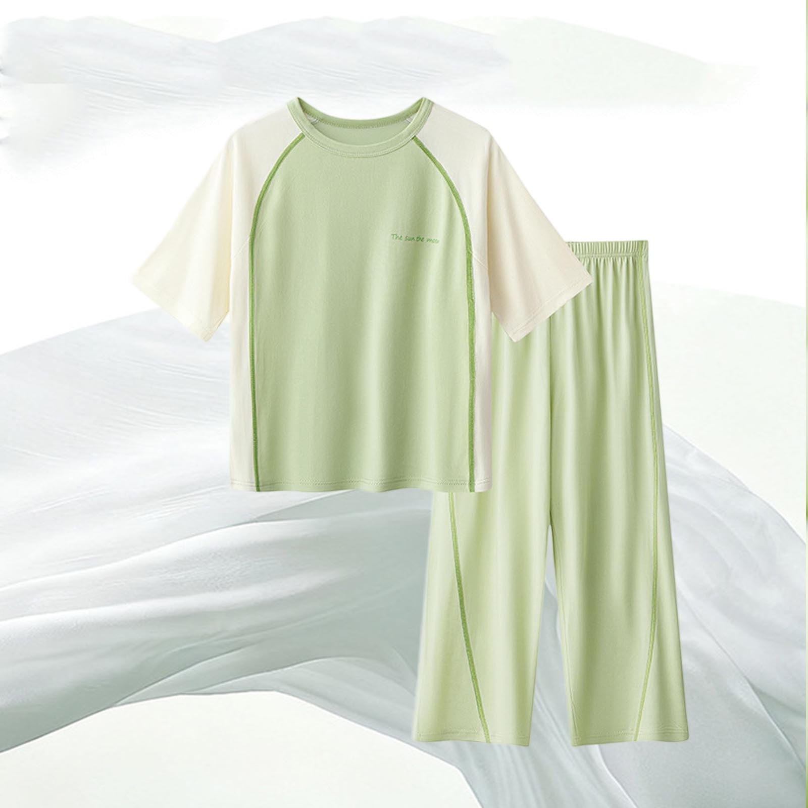 PInxia Summer 2 Piece Sets for Girls Boys Clothes Round Neck Color Block Basic Tee Elastic Wide Leg Pants Casual Workout Sets Green 5-6 Years