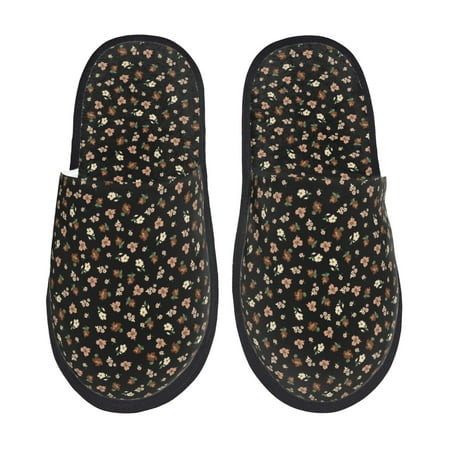 Balery Flower Pattern On Black Slient Indoor Furry Fleece Comfort House Shoes Soft Non-Slip Home Shoes Cotton slippers House Slippers-- Large