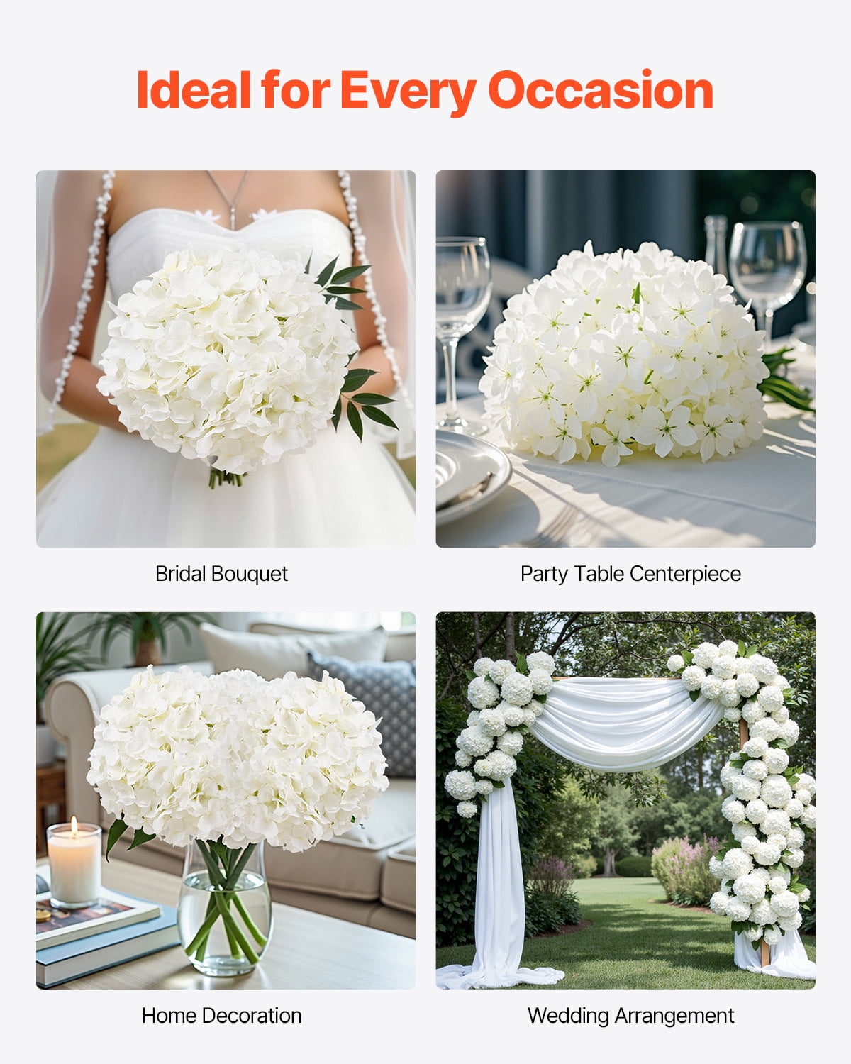 VEVOR Artificial Flowers, 65 pcs Real Looking White Silk Fake Hydrangea Bulk, White Faux Bridal Shower with Stems for DIY Wedding Bouquets, Home Centerpieces Arrangements, Party Tables Decorations