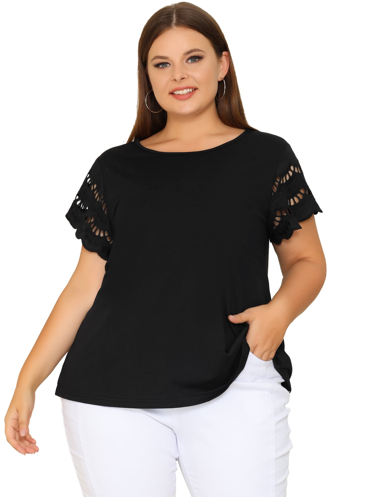 DARING DIVA Women's Plus Size Round Neck Lace Panel Blouses L Black