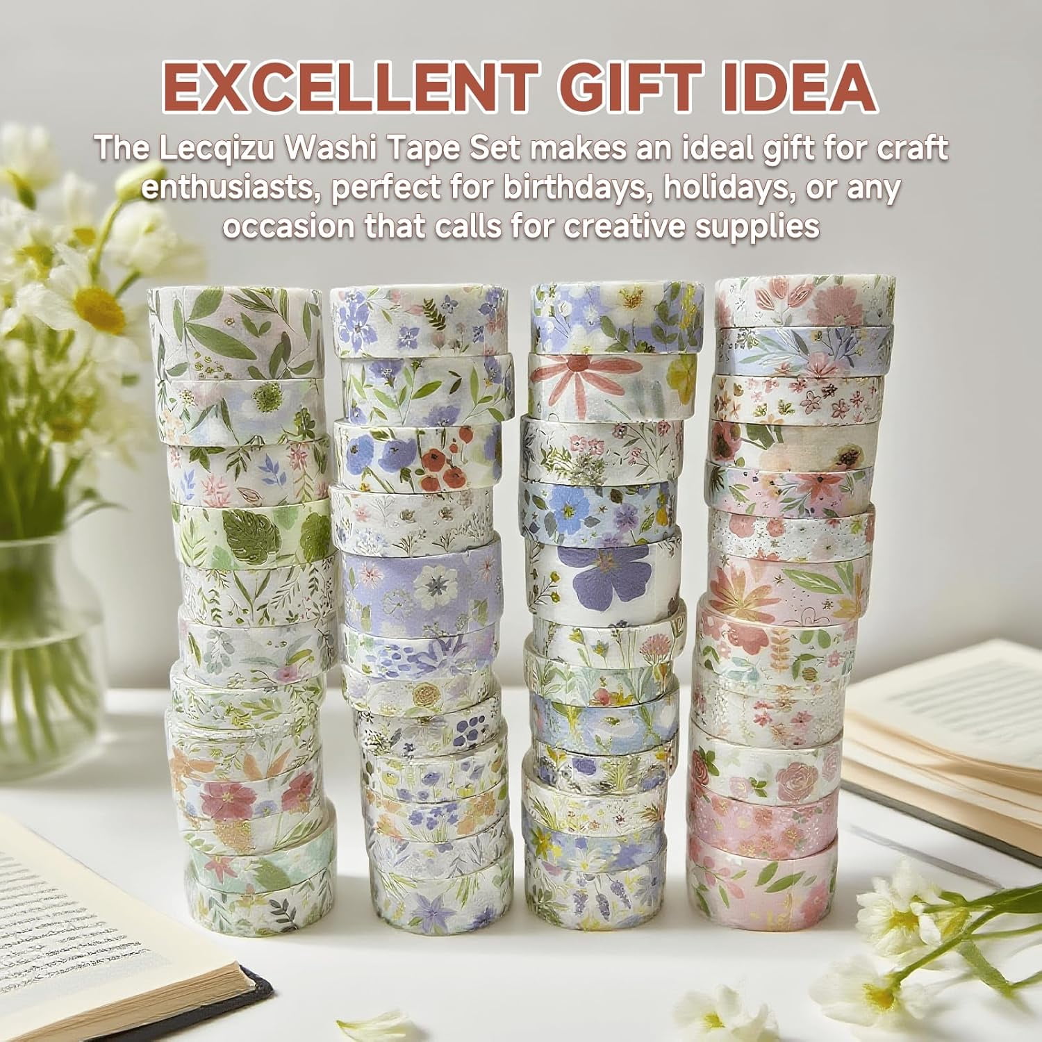 Floral gold foil decorative washi tape set, 48 rolls, multicolored handcrafted tape suitable for diaries, crafts, scrapbooking (pink + purple + green + blue)