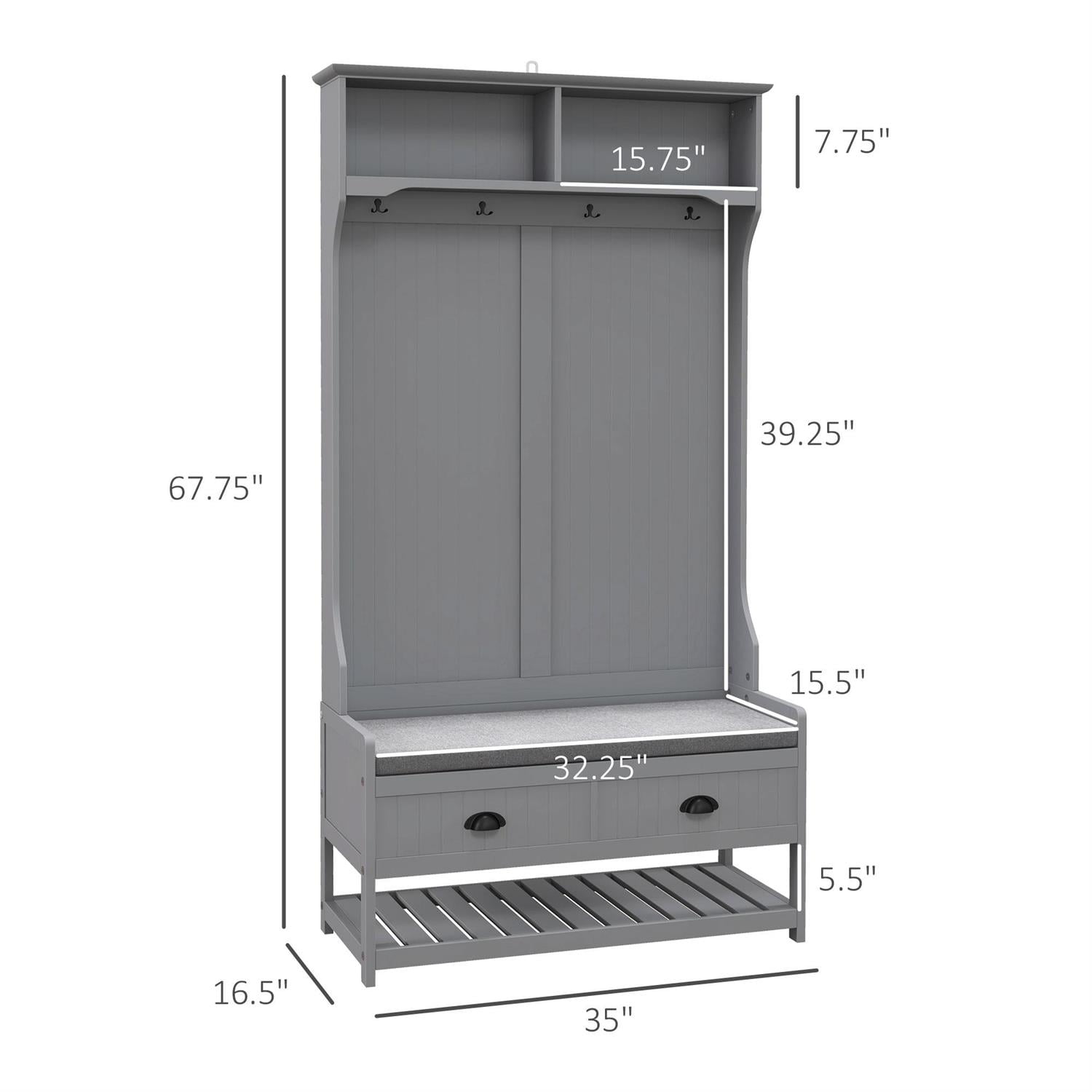 Demi Bonn 67" Hall Tree Bench with Coat Rack and Shoe Storage for Entryway and Mudroom, Padded Seat and Multi-Functional Storage for Hallway, Gray