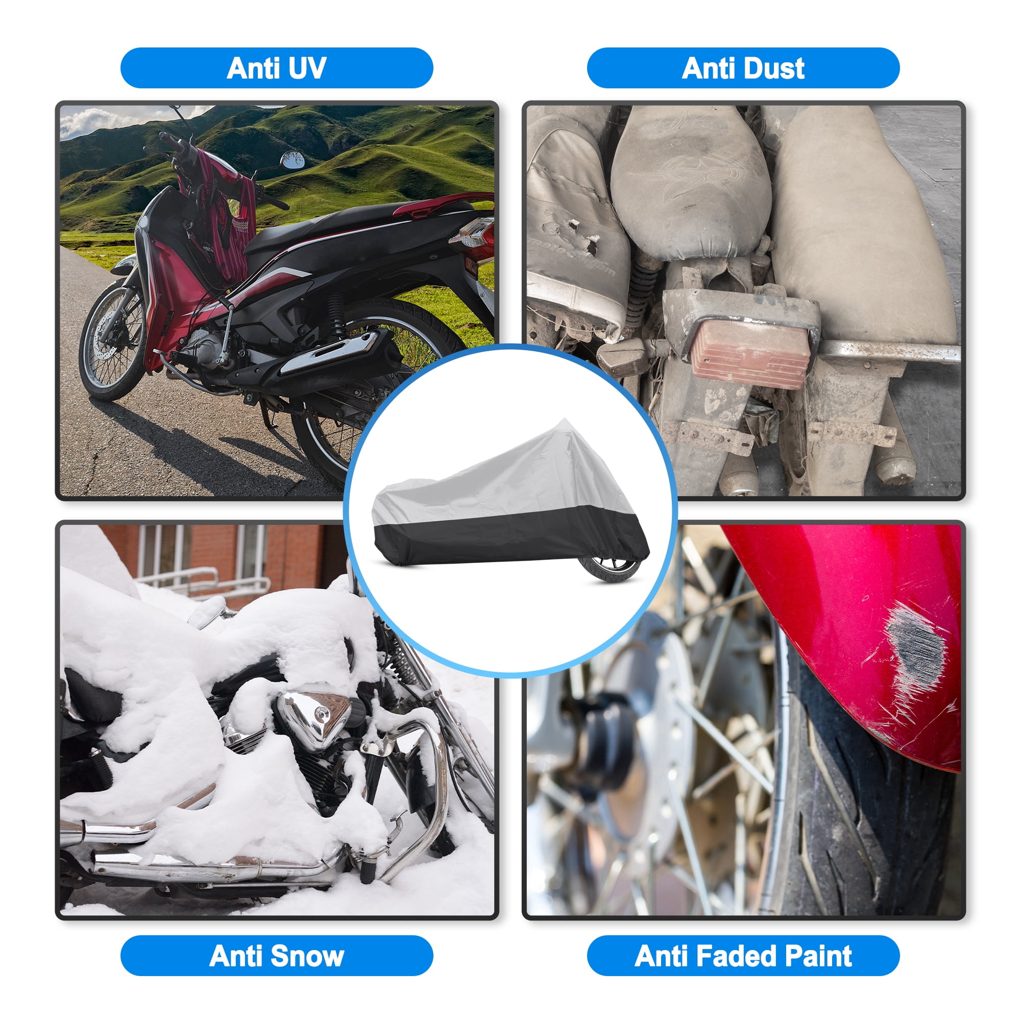 Unique Bargains 180T Motorcycle Cover Scooter Rain Dust UV Protector Silver Black L