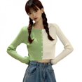 thumbnail image 3 of CawBing Korean Version Of Women's Round Collar Stitching Contrast Color Exposing Navel Long Sleeve Cardigan Jacket Purple Uniform Code, 3 of 6