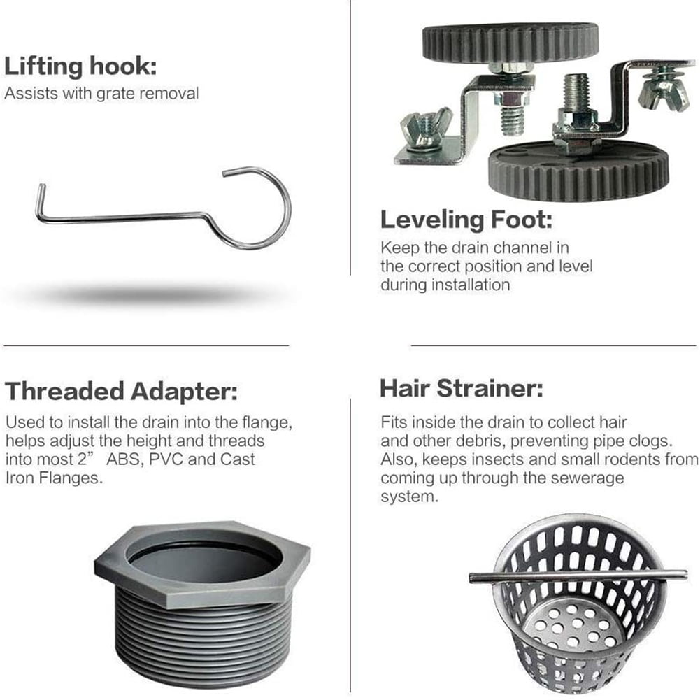 Kepooman 48" Linear Shower Drain with Leveling Feet and Hair Strainer, Professional Brushed 304 Stainless Steel Rectangle Shower Floor Drain for Home Kepooman 48" Linear Shower Drain with Leveling Feet and Hair Strainer, Professional Brushed 304 Stainless Steel Rectangle Shower Floor Drain for Home