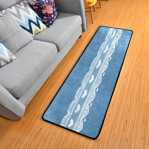 Blue Grids Lace Hearts Valentine Long Floor Mat Runner Rug Area Rug Carpet Water Absorbent Non-Slip 72" x 24"
