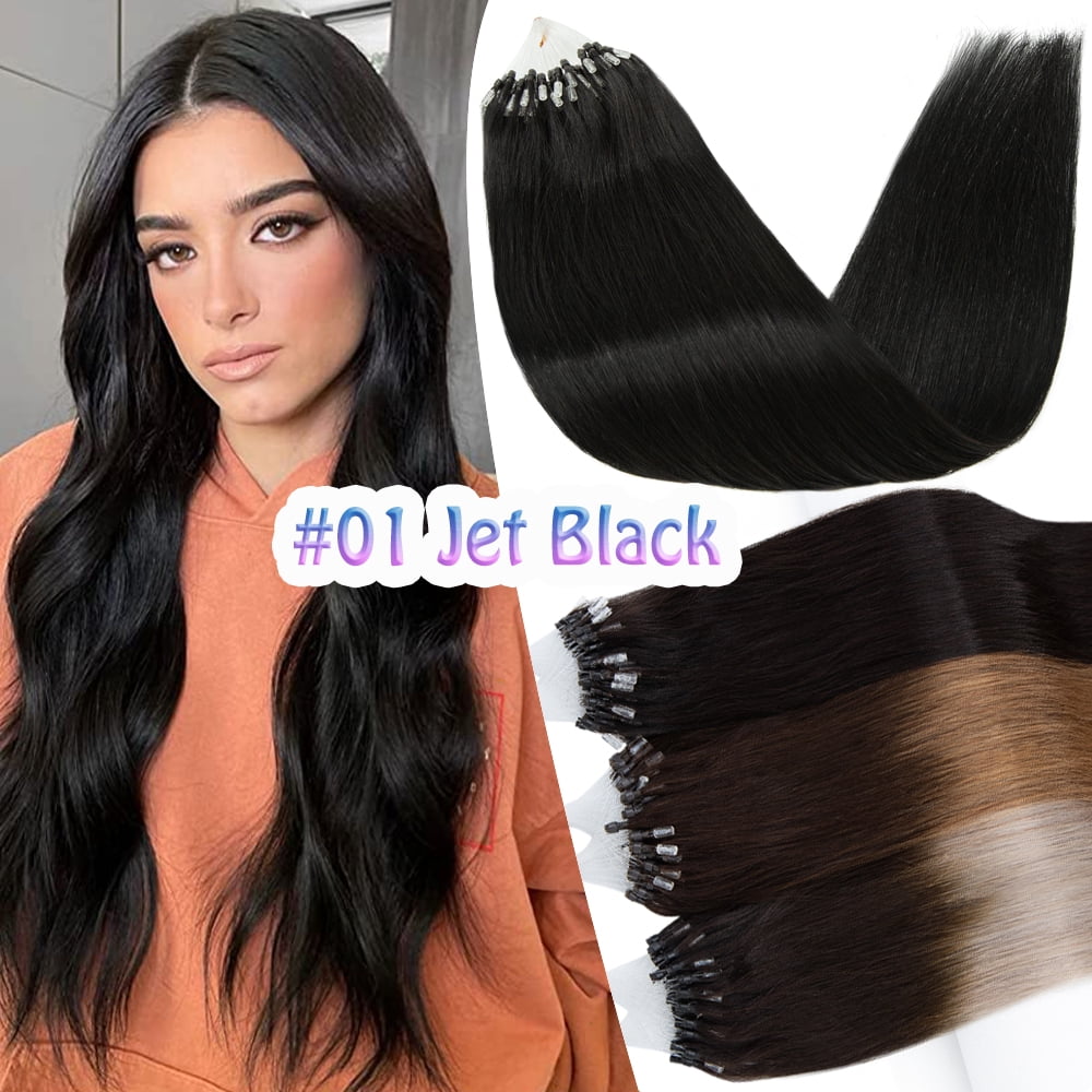 Benehair 100% Remy Real Human Hair Extensions Micro Ring Easy Loop In Hair Tips Nano Beans Russian Remy Hair Thick Strands 50g 16"-24" Striaght Black