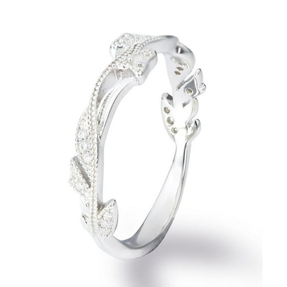 JeenMata Art Deco Milgrain Filigree 0.25 Carat Round Cut Moissanite Vine Wedding Band in 18K White Gold Plating over Silver