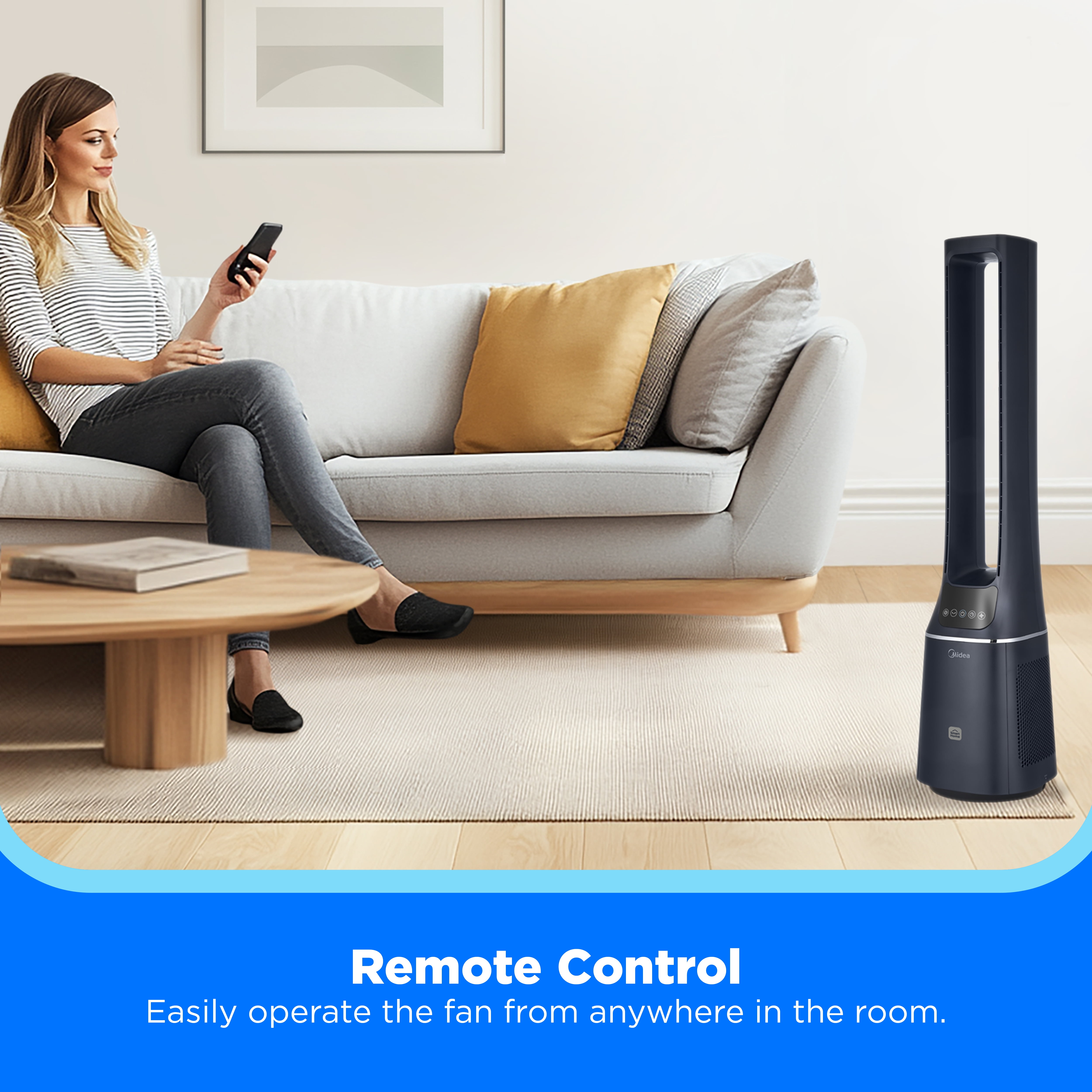 Midea 41-Inch Bladeless Tower Fan & HEPA Purifier, Smart WIFI Enabled, Remote, Blue, AMS150-PBW