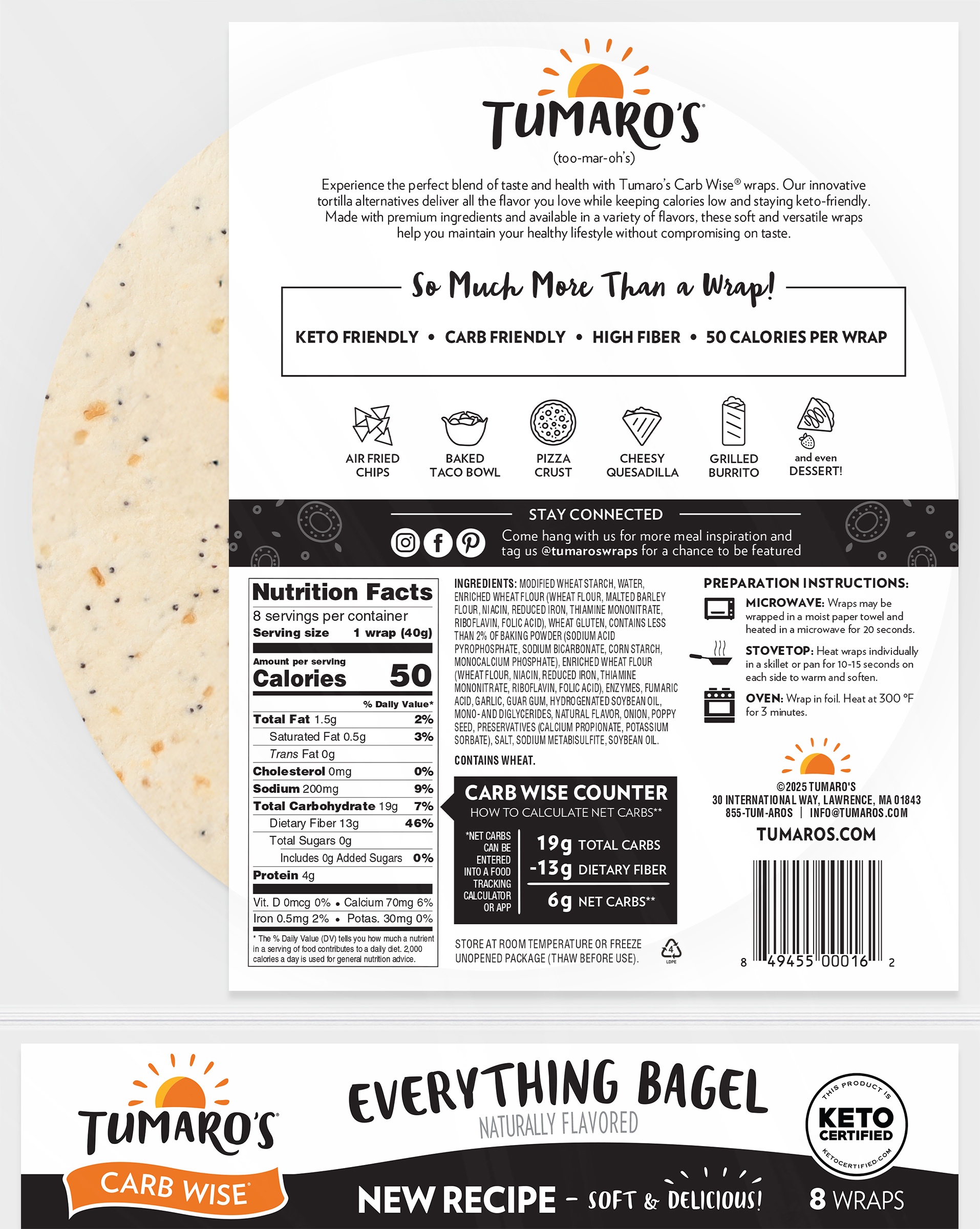 Tumaro's Everything Bagel Carb Wise Wraps, 3 Pack, 24 Count