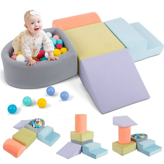 Spanspace Toddler Soft Play Climbing Set, 5-Piece Indoor Foam Climber with Ball Pit, Soft Blocks for Crawling, Sliding, Stacking, Gross Motor Development, Montessori Baby Play Set