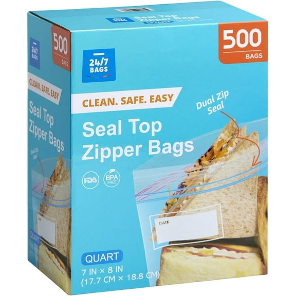 Quart Double Zipper Food Storage Bags, 500 Count, Zero BPA