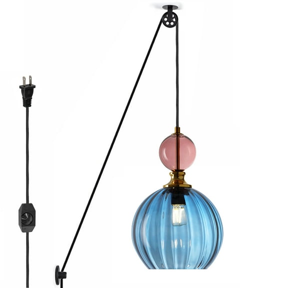 Kiven Plug in Modern Pendant Light, Pulley Hanging Light with Blue Glass Shade and 15FT Cord, Dimmable Ceiling Pendant Light for Hallway Foyer Kitchen Island Bedroom , E26 Base