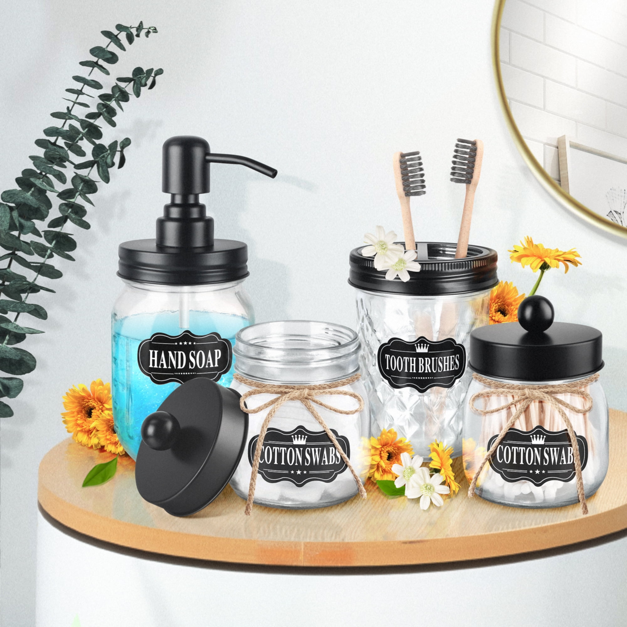 Set of 4 Mason Jar Bathroom Accessories, Lotion Soap Dispenser Toothbrush Holder 2 Apothecary Jars Qtip Holder Cotton Ball Holder Glass Vintage Farmhouse Decor Bathroom Organize