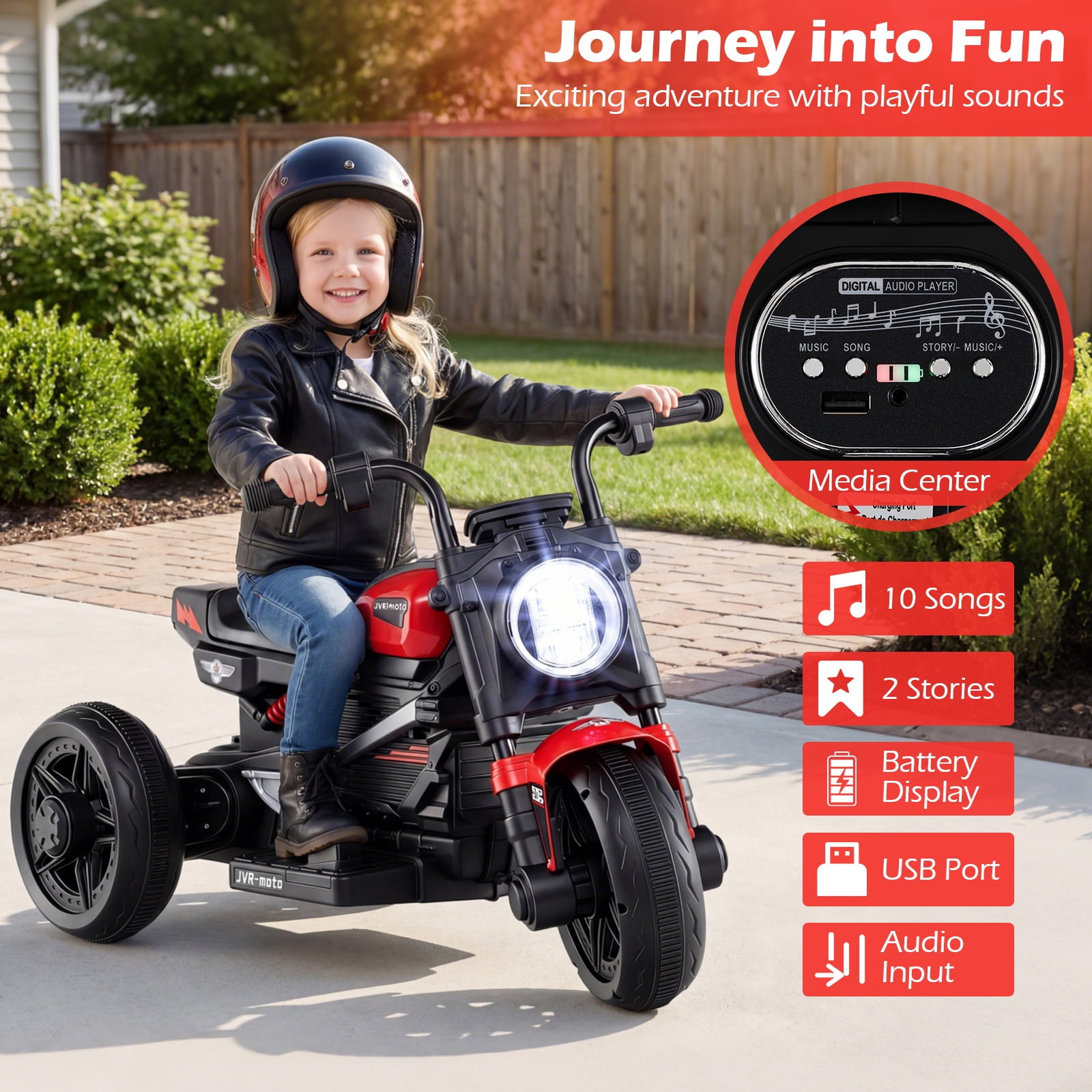 Costway 6V Kids Motorcycle with Song,Story,LED Headlights,Accelerator Pedal & 3 Wheels, Red & Black