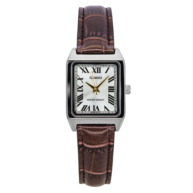 Casio Reloj LTP-V007L-9B para Mujer con Correa de Cuero Rectangular y Esfera Romana Dorada.