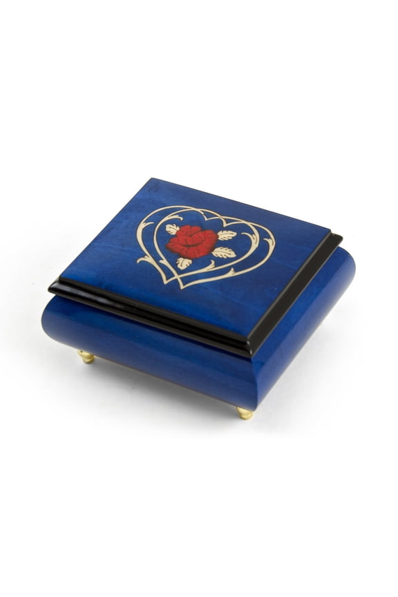 Radiant Blue Musical Jewelry Box With Double Heart and Red Rose Inlay - Ballerina Girl (Lionel Richie)