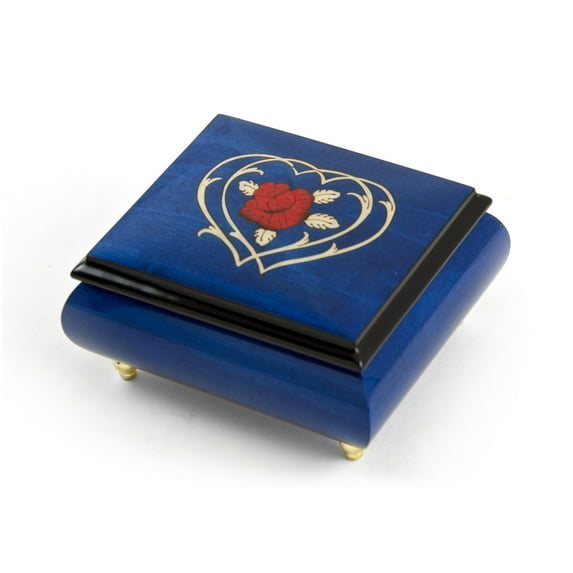 Radiant Blue Musical Jewelry Box With Double Heart and Red Rose Inlay - Tales From the Vienna Woods *Listen 1st