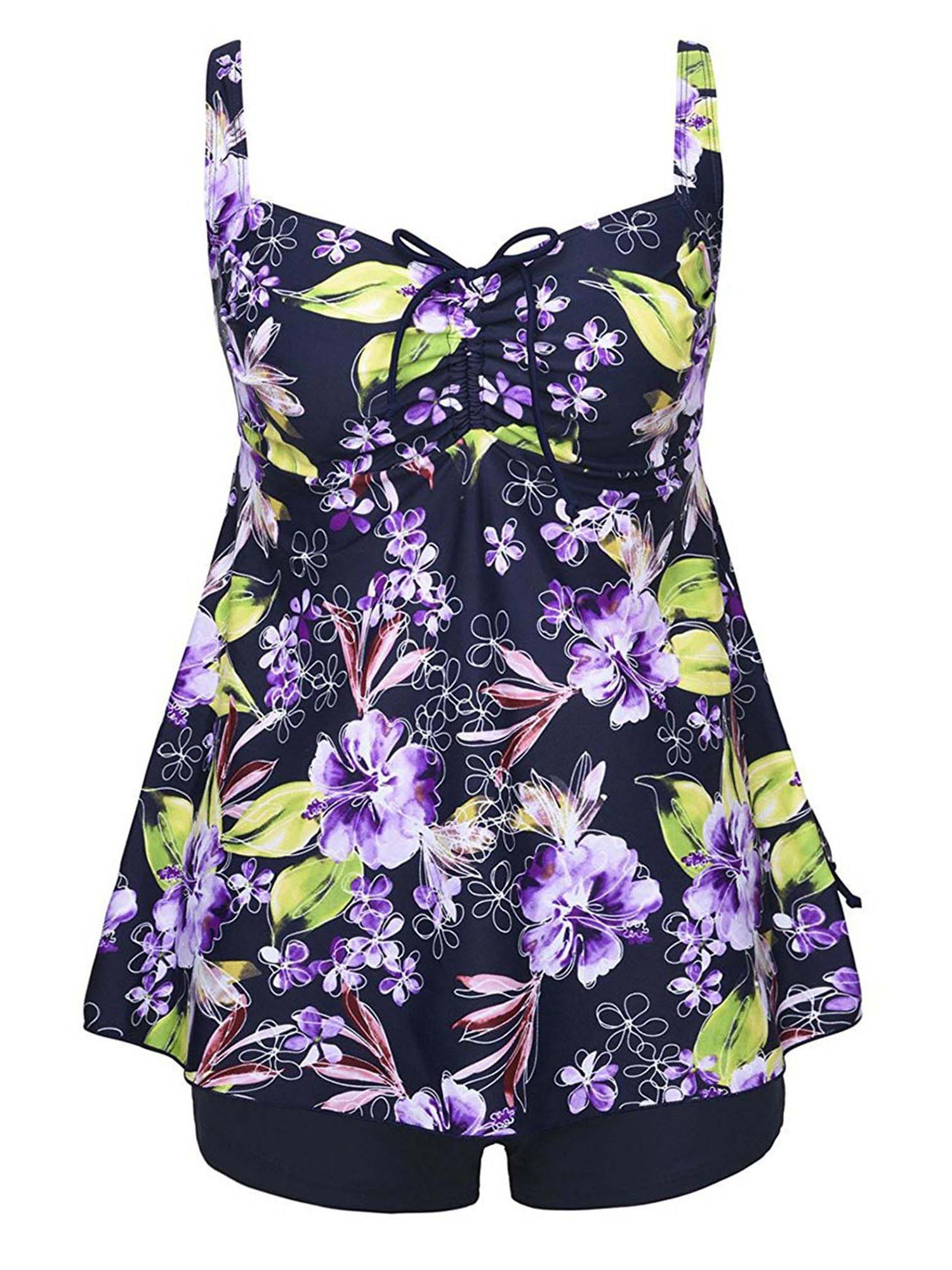 Plus Size Purple Floral Print Tie Back Fashion Cinch Swimsuit Tankini ...