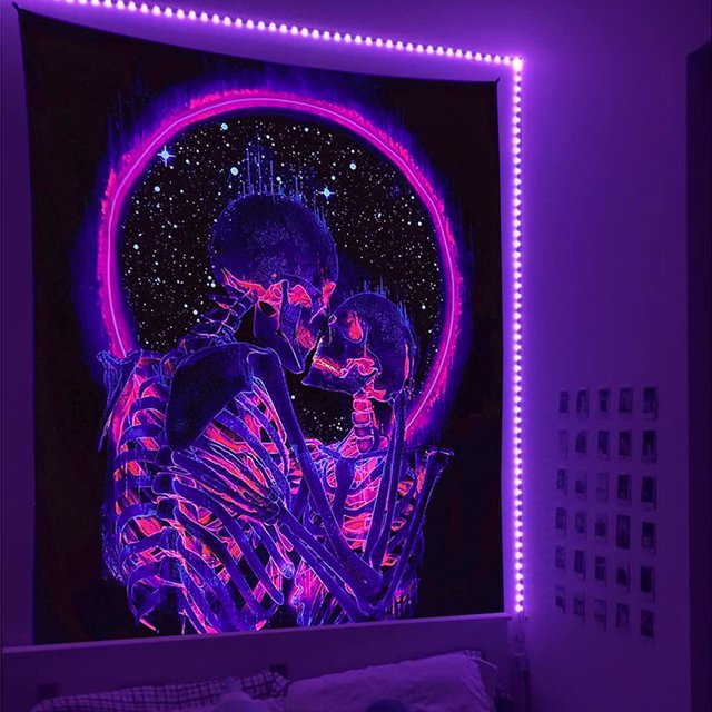 Tapiz de luz negra de calavera JAMW decoración de dormitorio psicodélico trippy reactivo UV Sencillez
