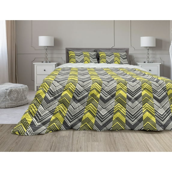 Yellow and White Comforter & Sham Bedding Set, Herringbone Pattern with Angled Lines Geometric Chevron Zigzags, 3 pcs Duvet Set Microfiber Filling Quilt, 5 Sizes, Yellow Cream Grey, by Ambesonne
