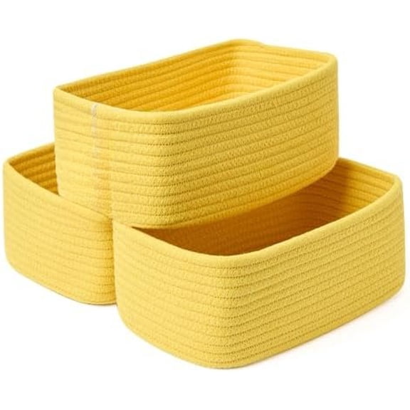 Small Storage Baskets for Organizing | Closet Organizer Bins | Shelf Toy Basket | Woven Rope Baskets | Cube Decorative Box | Shallow Basket | 11.5x7.5x4.7” | 3 Packs Yellow