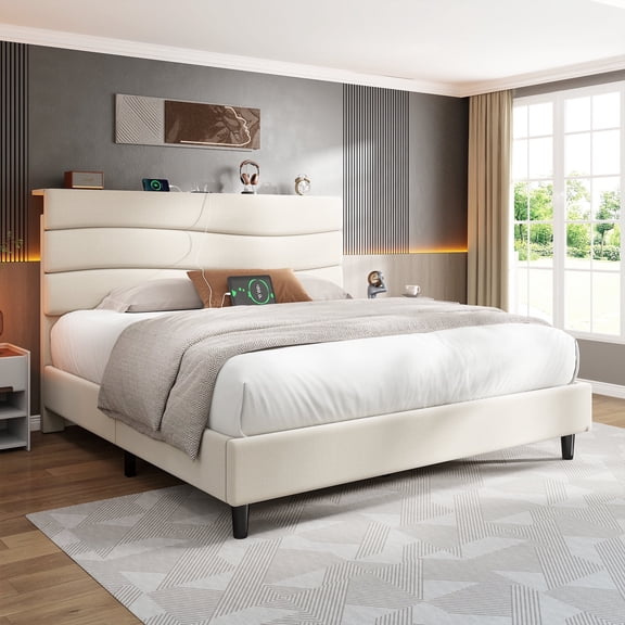 Romorgniz Bed Frame Queen with Adjustable Headboard & Charging Station Upholstered Bed Frame with Storage Space, Beige