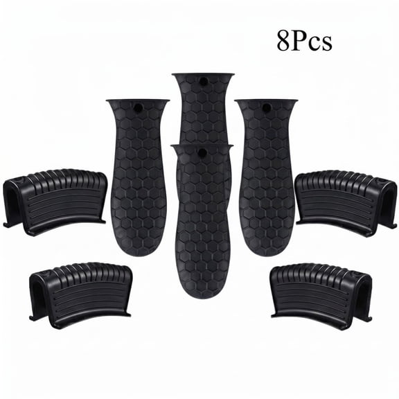 8 Pcs Silicone Pot Handle Covers, Heat Resistant Non-Slip Reusable Cookware Handle Protectors (Black)