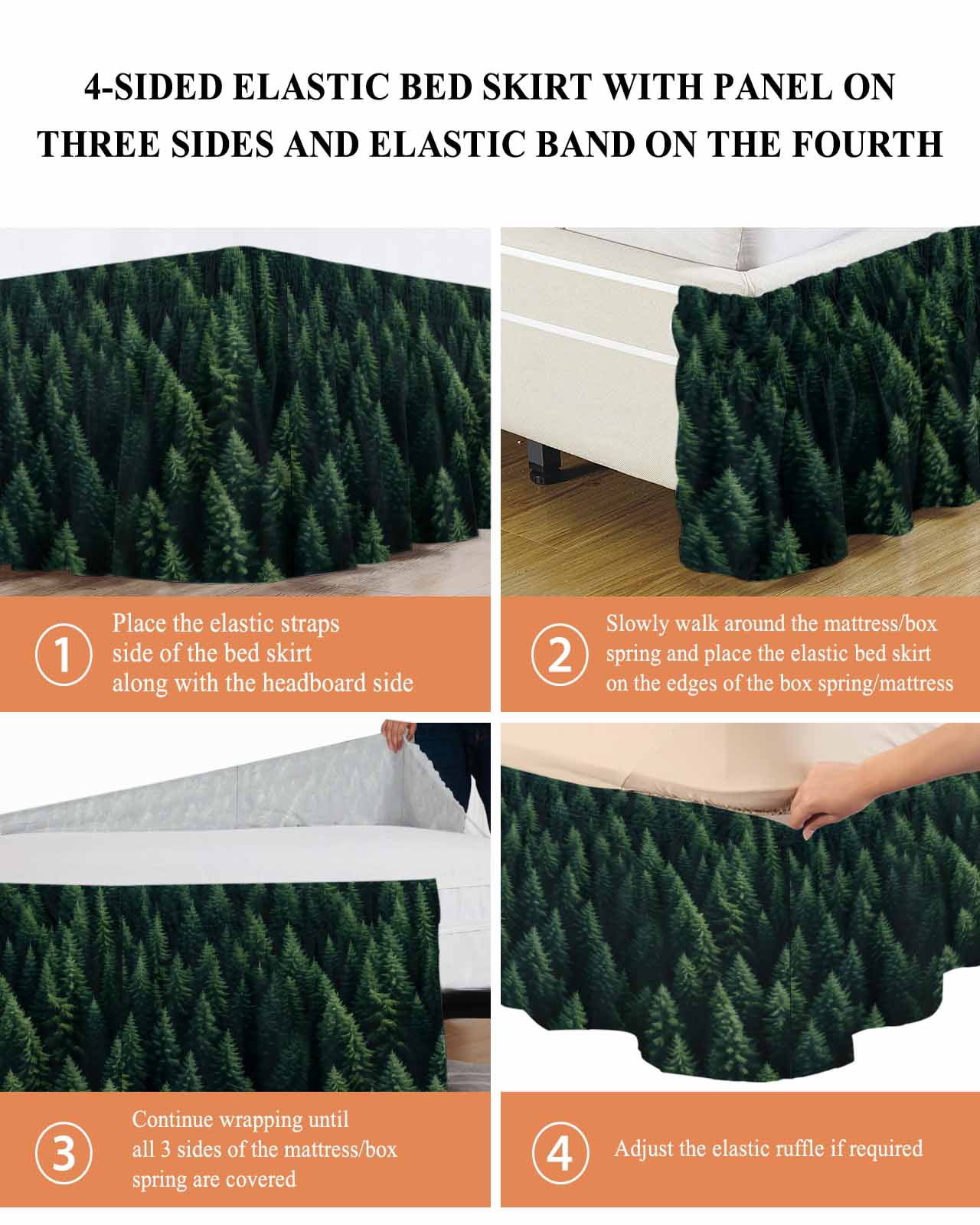 Green Forest Wrap Around Bed Skirts for Queen Bed 16" Drop, Bed Skirt with Adjustable Elastic Belt Dust Ruffle Bed Valance for Bedroom Hotel Luxury Modern Pine Trees Mysterious Art Bed Frame Cover
