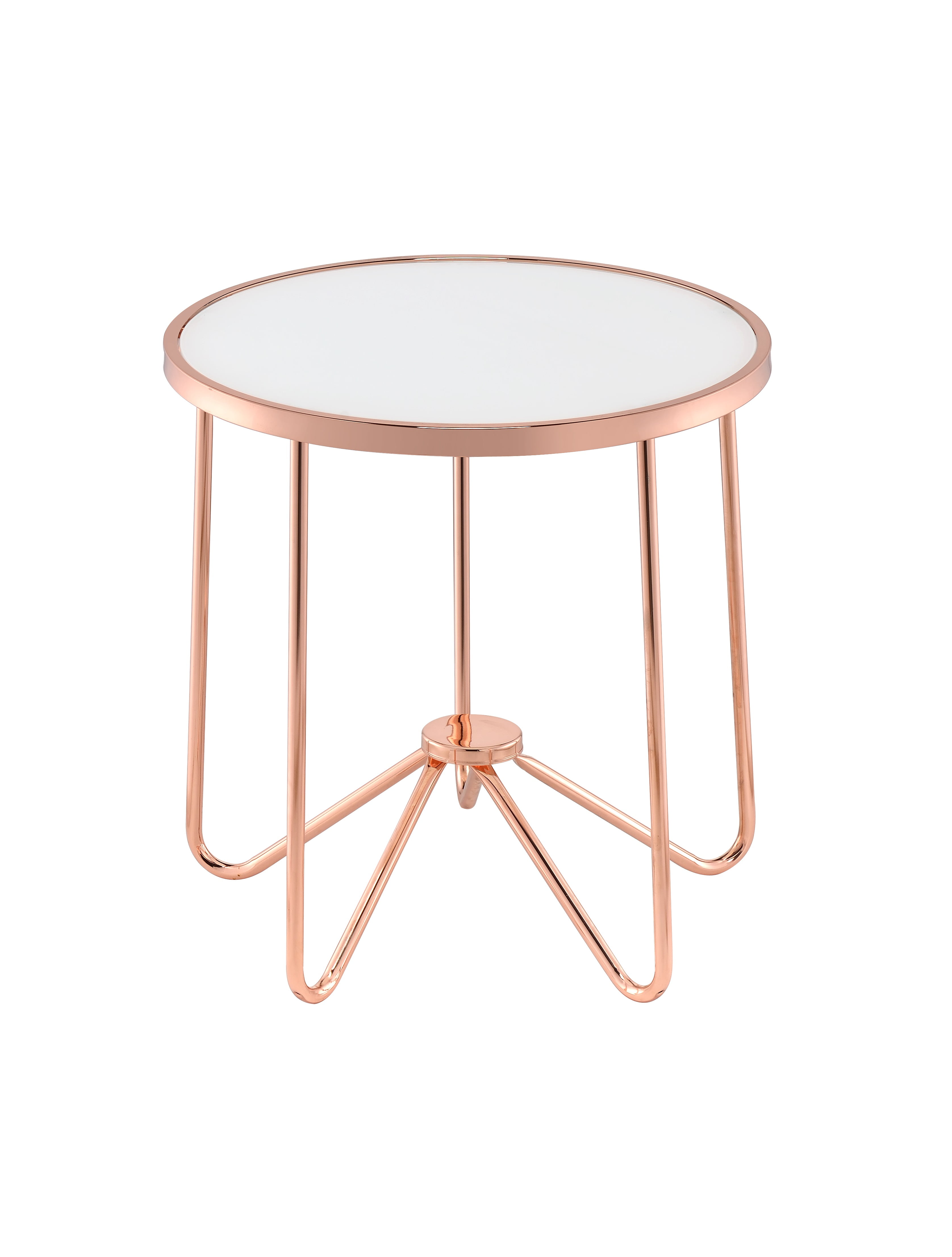 ACME Alivia White Glass End Table, Rose Gold Base, 22"W