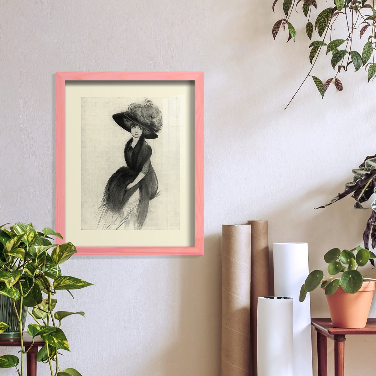 Feather Hat II -Framed Print w/glass-Sunset Pink