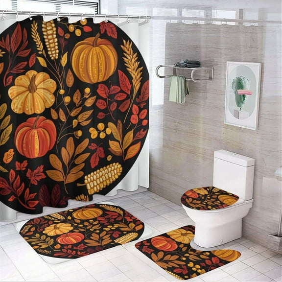 Bathroom Rugs Sets 4 Piece with Shower Curtain sets, Autumn Leaves Pattern Printed on Shower Curtain and Bath Mat Set, Ideal for Bathroom Apartment RV College Dorm, 72 x 72 inches