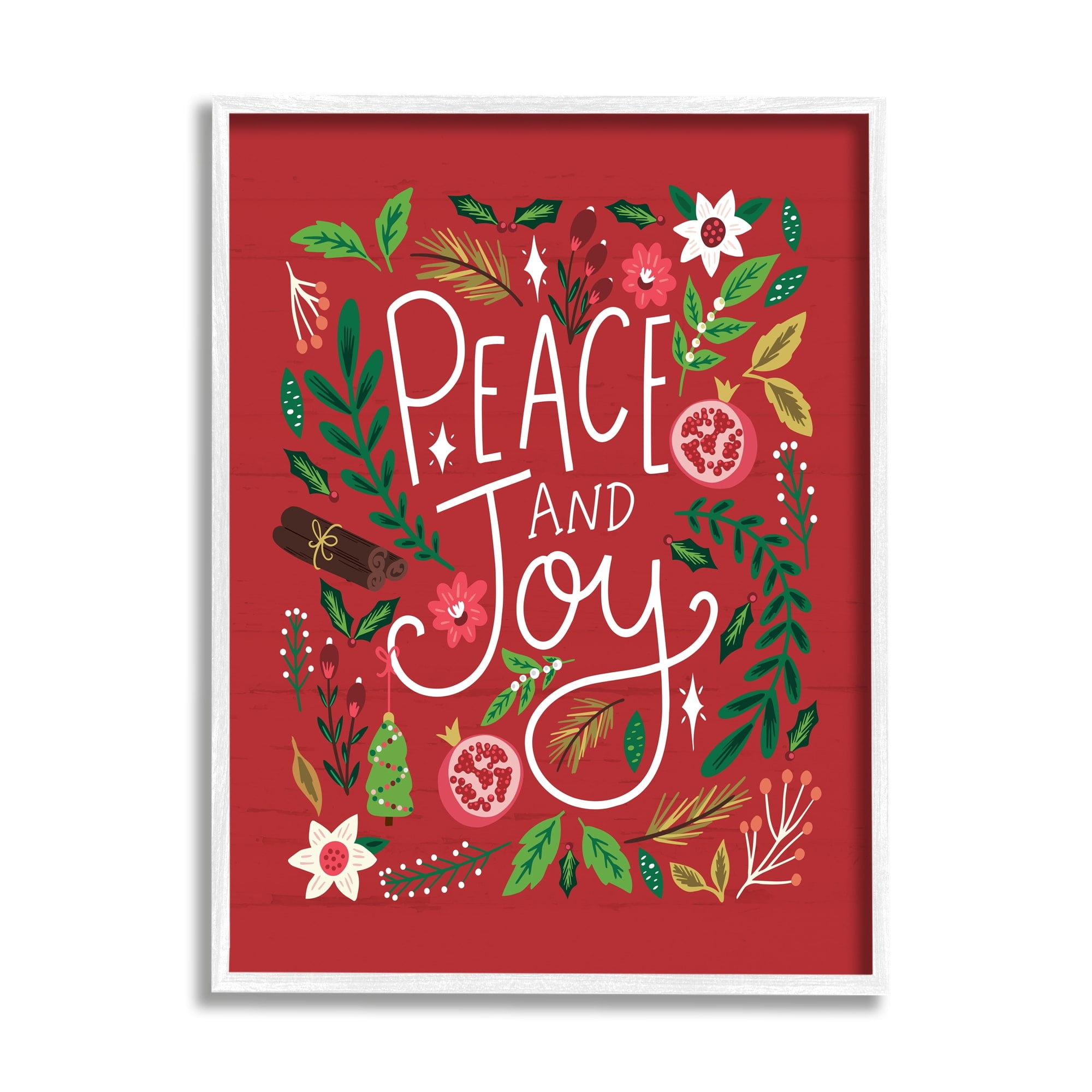 Stupell Industries Peace & Joy Holiday Botanicals Plants Modern Calligraphy Graphic Art White Framed Art Print Wall Art, Design by Louise Allen