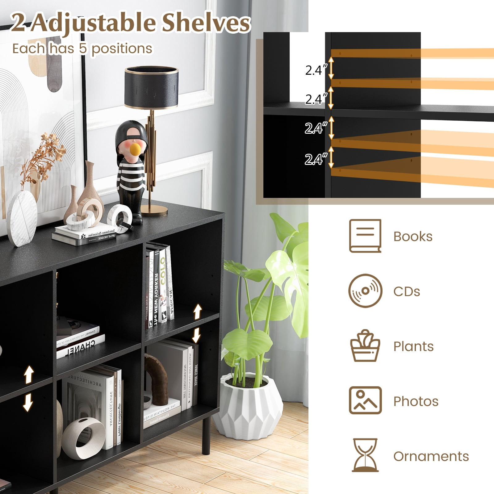 Giantex 6 Cube Storage Organizer Bookshelf, Wood Open Bookcase w/Metal Legs, Adjustable Display Shelf, Black